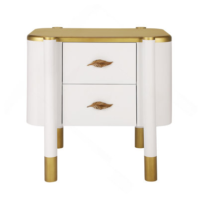 Contemporary 2 Drawers Nightstand With Curved Profile Design, Bedside Table With Metal Feather-Shaped Handles And Exposed Legs, End Table For Living Room And Bedroom, Easy Assembly