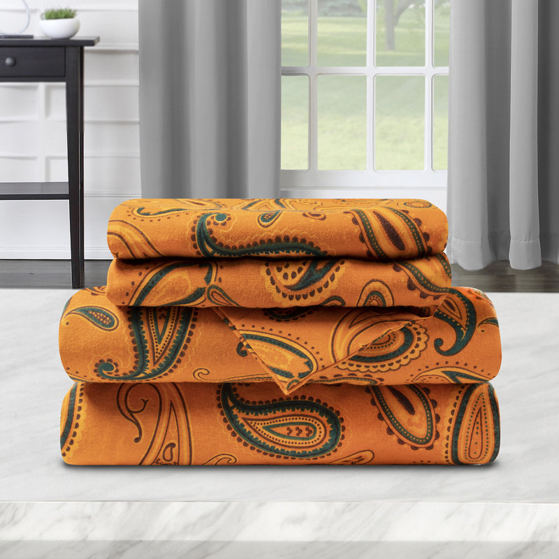 Superior 100% Cotton Flannel Deep Pocket Paisley Sheet Set, Queen Sheet Set + 1 Fitted Sheet + 2 Pillowcases, Pumpkin Paisley