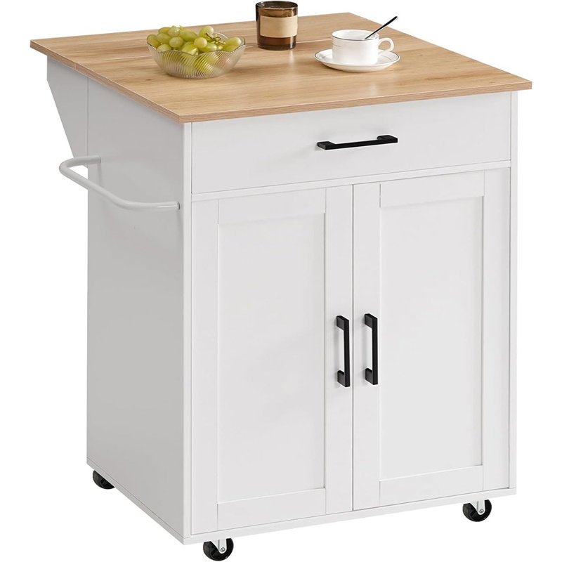 Îlot de cuisine roulant avec abattant, chariot de comptoir pliable avec porte-serviettes et tiroir pour la cuisine ou la salle à manger, blanc et naturel