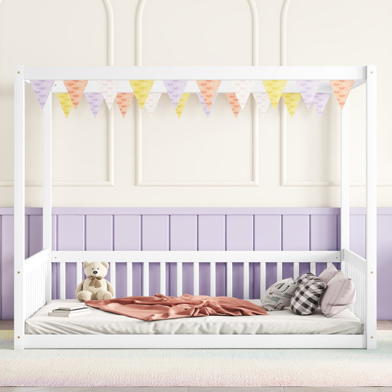 Full Size Canopy Frame Rubber Wood Floor Bed With Fence,Guardrails,White, Full