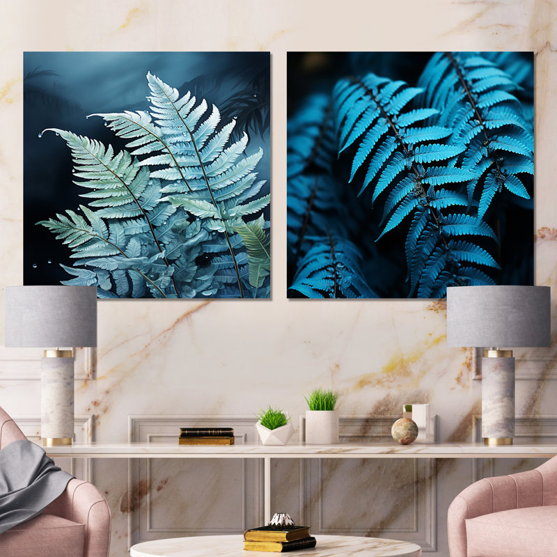 Ferns Ruby Essence - Ensemble de 2 collages floraux carrés, H 16 po x l 33 po, Toile tendue