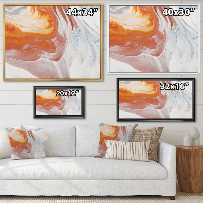 Art orange, blanc et marbre gris - peinture sur toile, Toile à cadre flottant noir, H 12 po x l 20 po