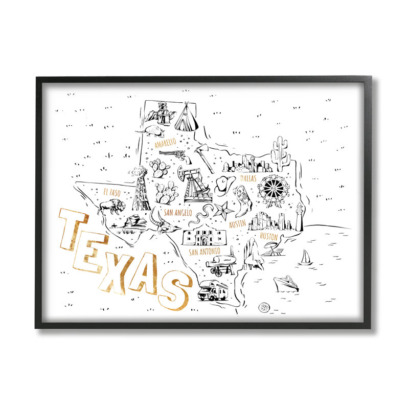 Carte du Texas, points de repère, diagramme, par Ziwei Li - impression, H 11 po x l 14 po, Giclée encadrée noir minuit