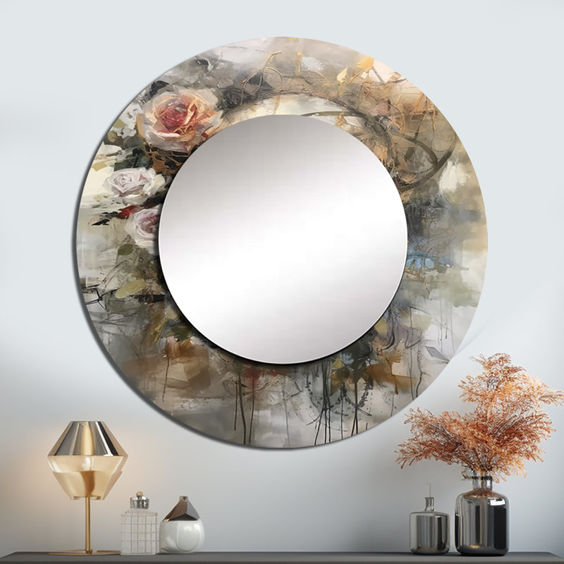 Glauca Skull Blooming Roses - décor de miroir mural unique crâne, grand miroir rond beige, impression d'art en métal