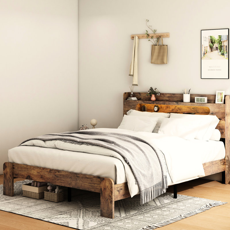 Base de lit plateforme en bois pour grand lit avec tête de lit à DEL et rangement 2 Usbs, niveau de performance silencieux, pas de sommier nécessaire, étapes d'installation simples, amplement sous la zone de charge, fonctionnement silencieux