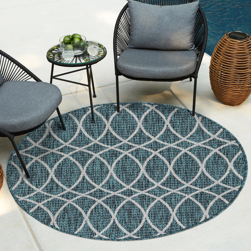 Teal Gitter Indoor/Outdoor Trellis Rug, Round 10'