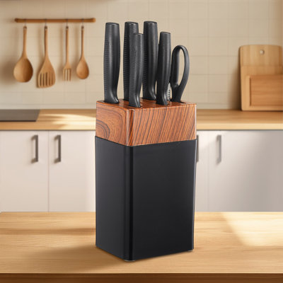 7-Piece Kitchen Knife Set with Built-in Sharpener and Universal Knife Block - Knives for Chopping, Slicing, Dicing & Cutting (Black)