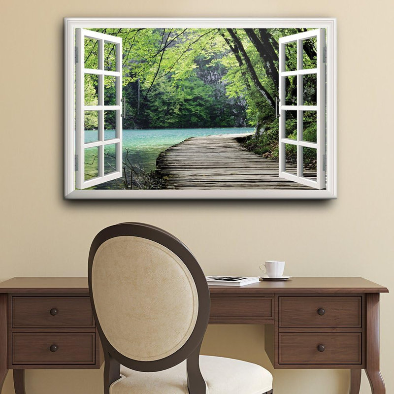 Pont sur un lac entouré d'arbres sur toile