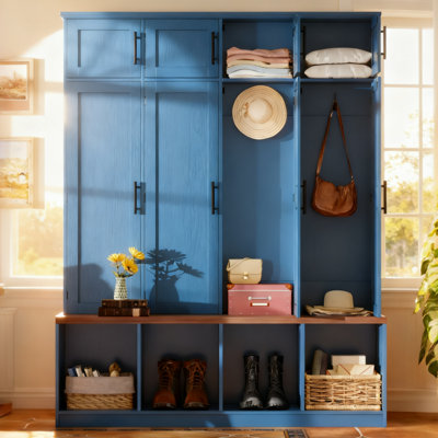 Arbre d'entrée de ferme avec 4 crochets cachés, banc d'entrée avec rangement à 8 portes et compartiments à chaussures ouverts, armoire de rangement pour vestibule 4 en 1