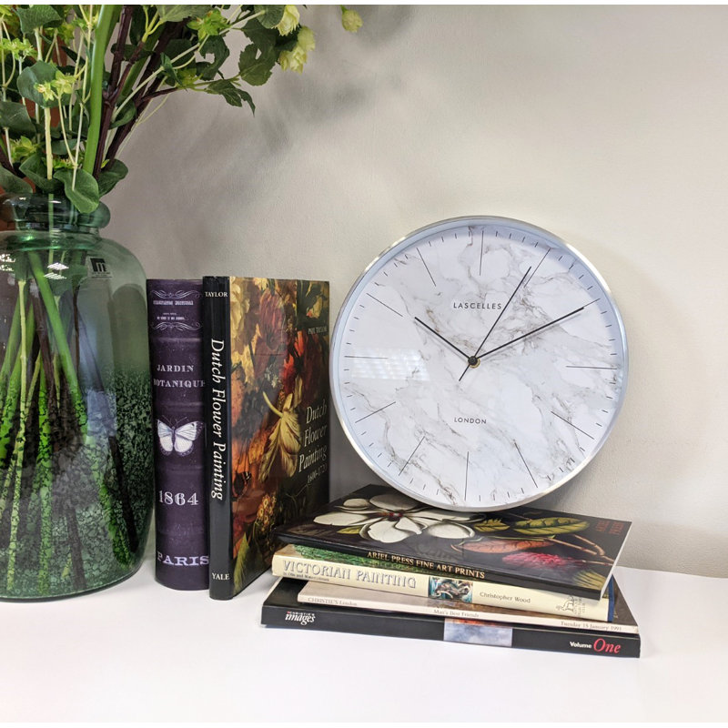 Brushed Chrome Metal Cased Wall Clock with Marble Effect Dial - 31cm