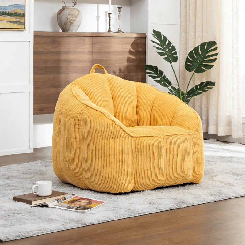 Fauteuil à billes en velours côtelé compressé - Très grand fauteuil pour adulte avec bourre, Jaune