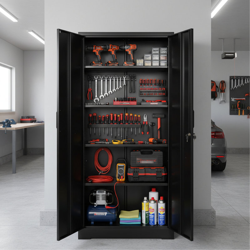 Armoire de rangement en acier robuste de 71 po avec portes verrouillables et 4 tablettes réglables, pour entrepôt, bureau, garage, noir, finition rustique