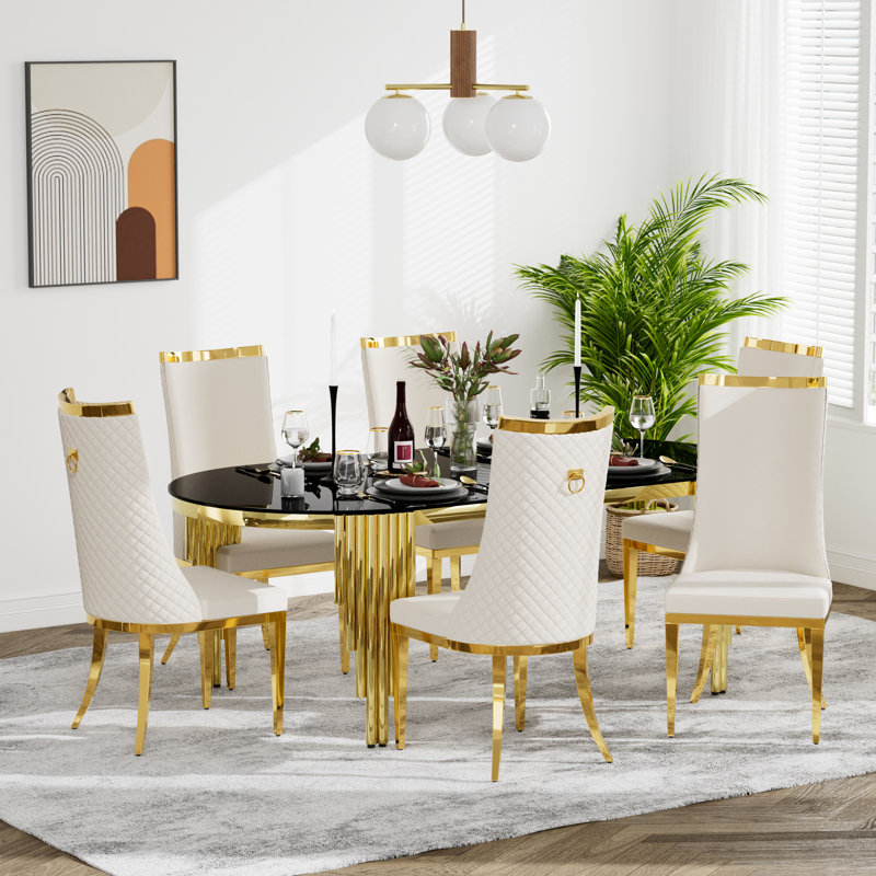 Ensemble de salle à manger en verre trempé avec dossier haut, Blanc, 7