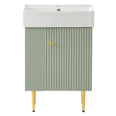 Meuble-lavabo vert 21,6 po, armoire combinée, meuble de rangement pour salle de bain, lavabo simple en céramique, rangement à gauche
