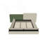 Lit contemporain entièrement rembourré de forme spéciale avec capitonnage à boutons profonds et compartiments de rangement dans les rails et le pied de lit