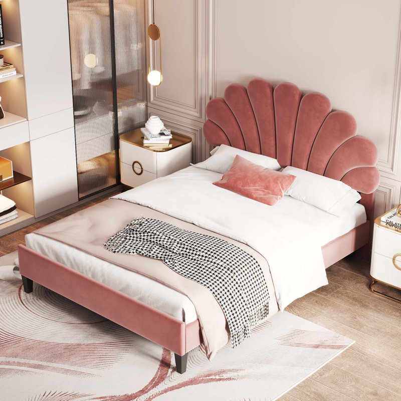 Lit plateforme tapissier avec tête de lit en velours à motif floral, Double, Pâte de haricots rouge