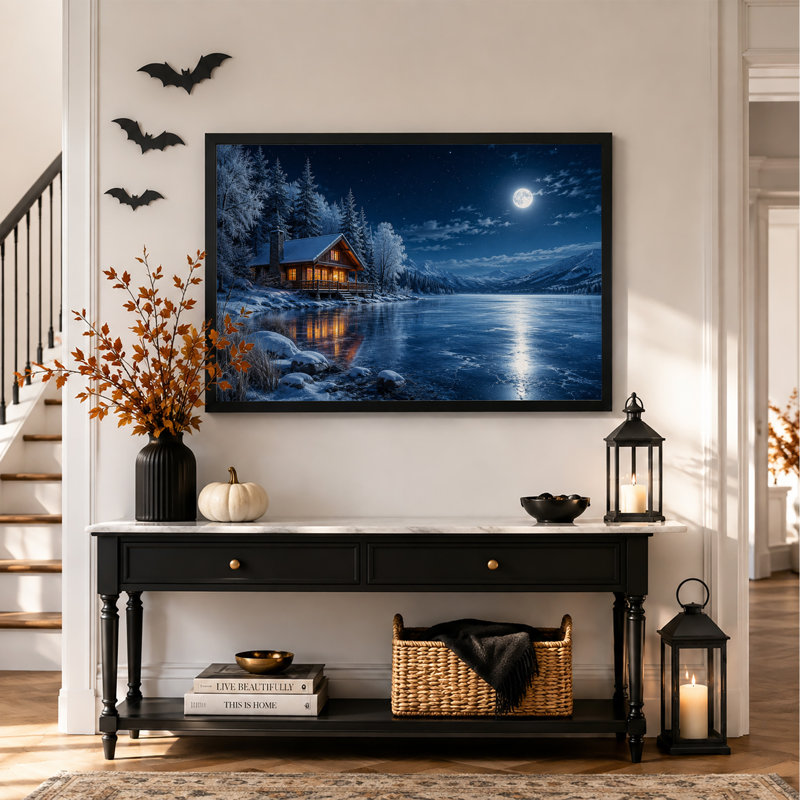 Cabane enneigée sur un lac gelé sous la pleine lune - Toile murale d'Halloween, 24"H x 36"W