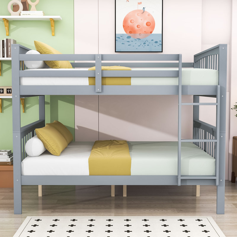 Full Over Full Wood Bunk Bed With Ladder, Gray