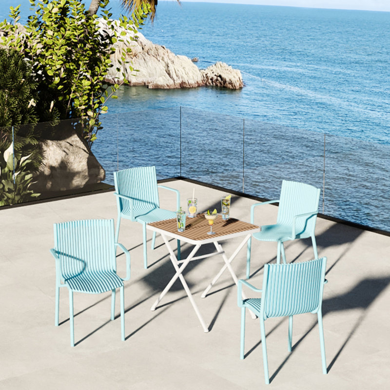 Fauteuils en bleu empilable et table carrée intérieure / extérieure empilables, conception ergonomique, plateau de table, pieds en métal de couleur kaki blanc, -, toutes saisons, table multifonctionnelle sans entretien 4 A, contour