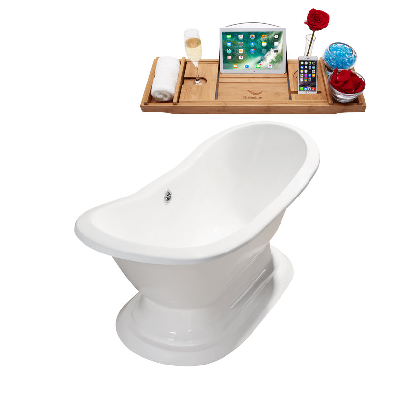 Baignoire de trempage autoportante 61 "avec plateau en bambou 61" Streamline, Chrome poli