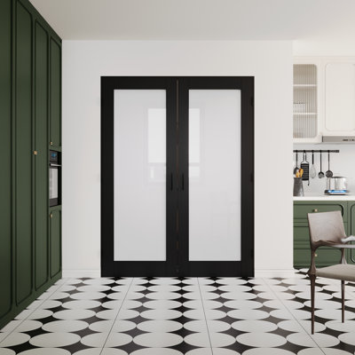 Interior 1-Lite Black & Frosted Glass Door, CARB P2 MDF & SGCC Tempered Glass French Doors, Includes Frame & Matte Black Hardware-Ball Catches & Hinges & Handles, Pre‑Finished & Waterproof, for Pantry, Bedroom, Bathroom & Closet, Easy DIY Stain, 56"x 80"