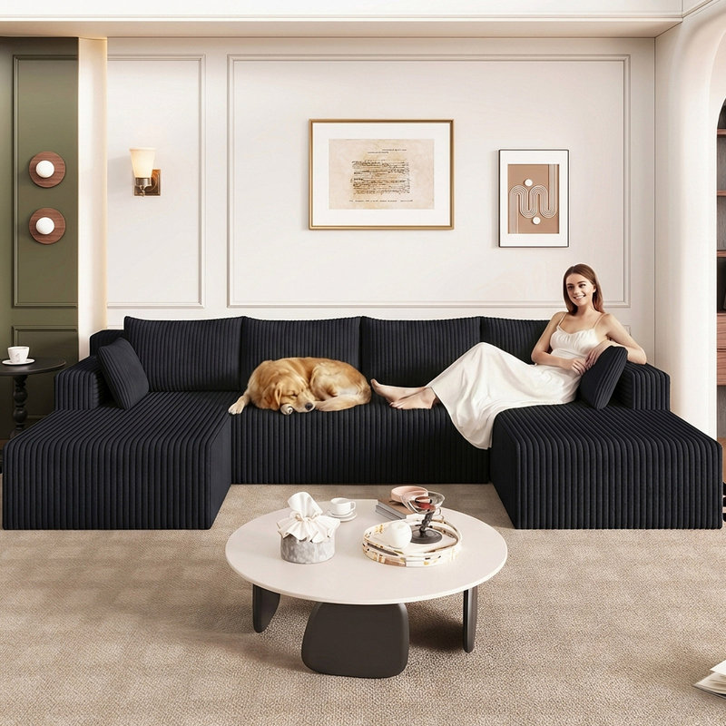 Boneless 124" Cloud Sectional Couch,Modern U-Shaped Boneless Couch with Deep Seat,Comfy Corduroy 4-Seater Sofa,Memory Foam Sofa for Living Room,No Assembly Required