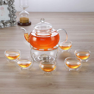 Service à thé infuseur à thé 27 oz avec infuseur à bougie et 6 tasses à thé à double paroi Pot Blooming & Tea