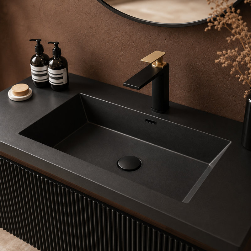 Meuble-lavabo flottant en noyer fumé flottant 36 po VEXEL, Noir, 36 po