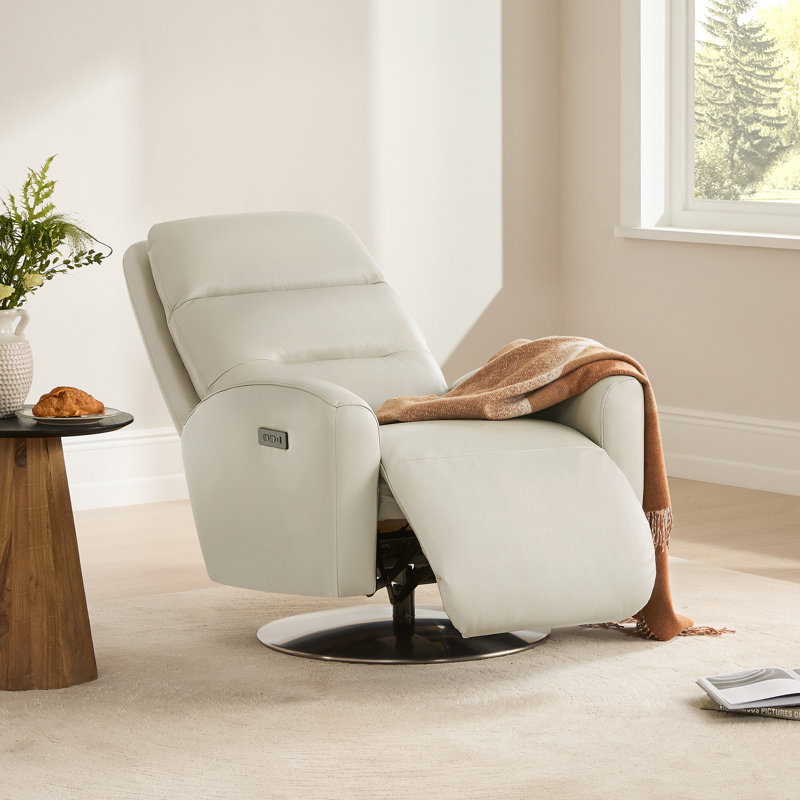 Genuine Leather Dual Motor Swivel Power Recliner With Power Headrest, Light Gray