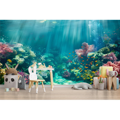 Underwater Coral Reef Wall Mural – Ocean Sea Life Wallpaper, Kids Room Marine Accent Wall Decor With Fish & Coral