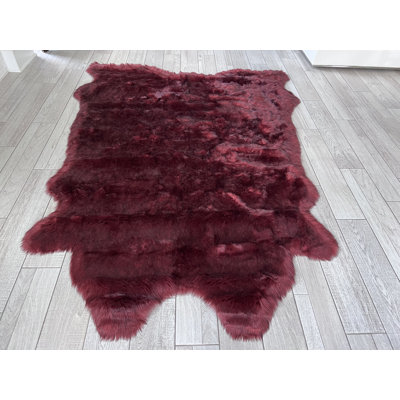  Faux Bison Skin Fur Shag Area Rug in Burgundy/Black