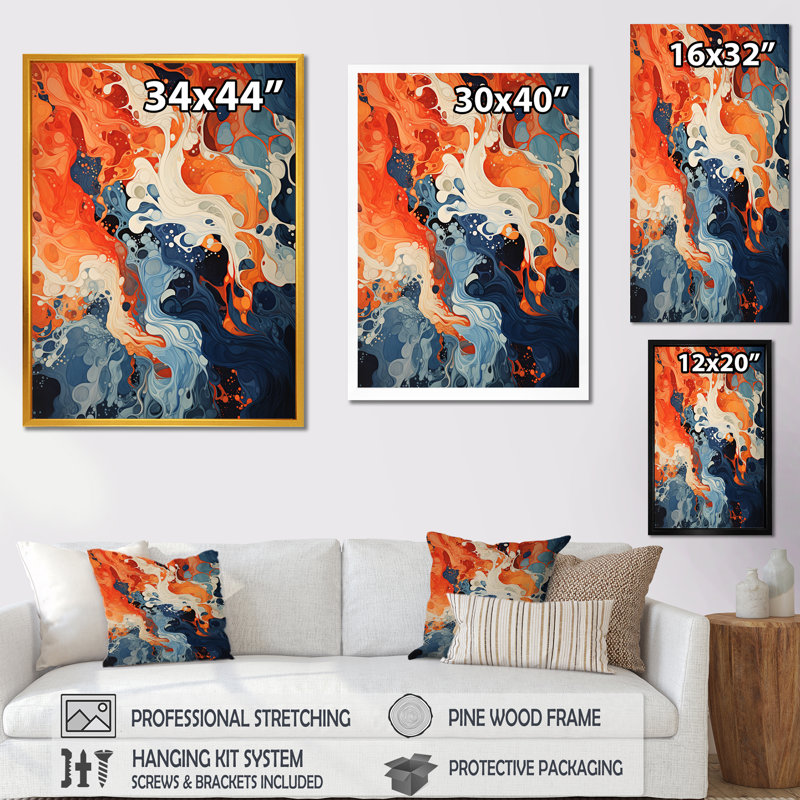 Encre liquide bleue et orange II - art mural abstrait, Encadrement doré, H 44 po x l 34 po x P 1,5 po