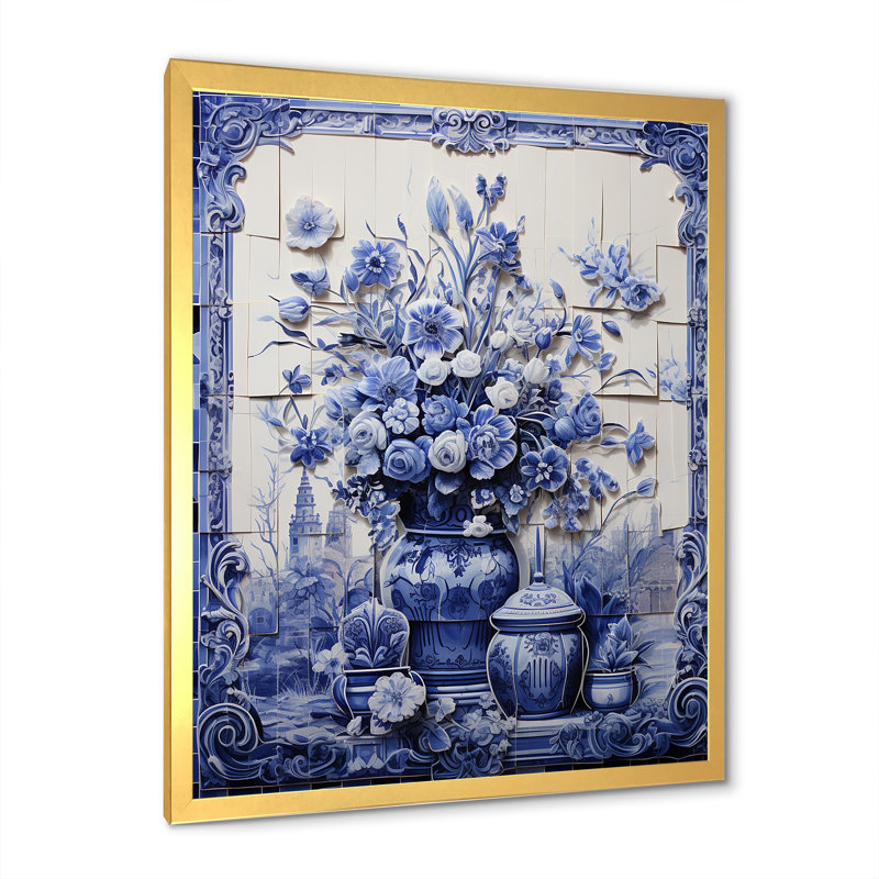 Art mural bleu et blanc Boho Flower Pottery II - Boho Pottery, Cadre photo doré simple, H 32 po x l 16 po x P 1 po