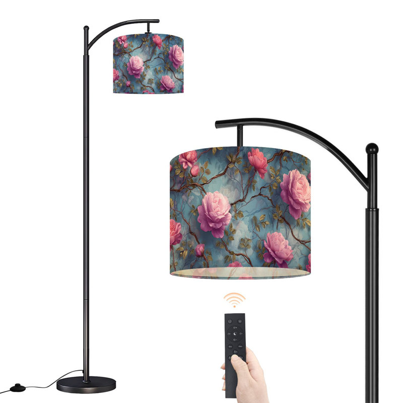 Lampe sur pied à arc avec abat-jour réglable Roses roses torsadées Branches bleues Lampe artistique sur pied 3 températures de couleur Dimmable Lampe sur pied avec interrupteur au pied pour la chambre à coucher