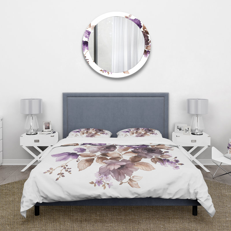 Fleurs mauves rétro avec feuilles brunes - ensemble de housse de couette traditionnel - microfibre de polyester
