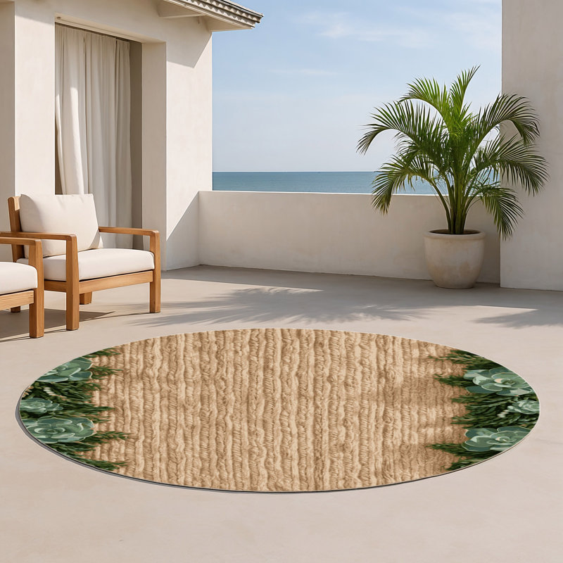 Tapis d'intérieur et d'extérieur brun Botanical, Rond 5 pi