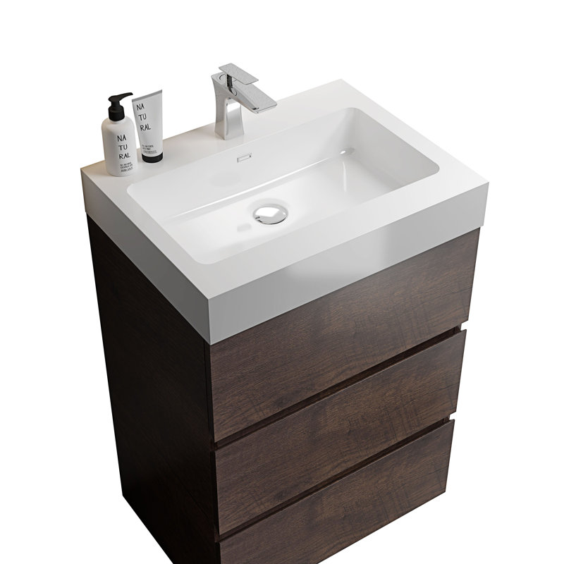 Ensemble de meuble-lavabo simple autoportant 24 po avec plateau en pierre Emmaley, Blanc, Noyer