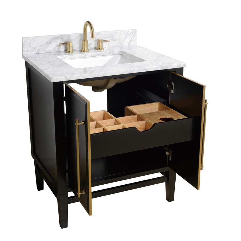 Mason 30" Single Bathroom Vanity with Carrara Marble Top, Carrara White, Black, Matte Gold