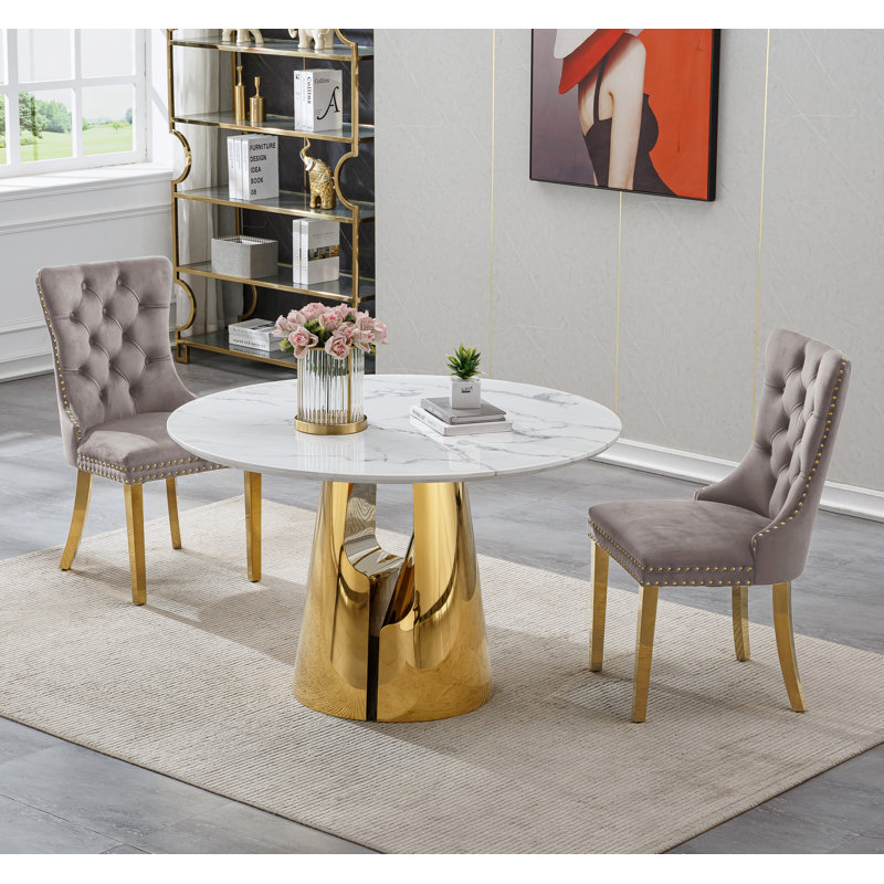 Dining Table Set, 45" Round Marble Dining Table with Velvet Dining Chairs, Circle Kitchen Table Set with Base, Dining Room Table and Chairs Set