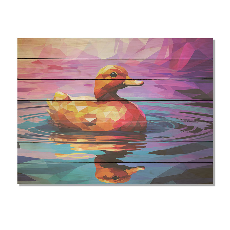 Canard jaune sur un lac mauve - animal canard sur bois, H 10 po x l 20 po