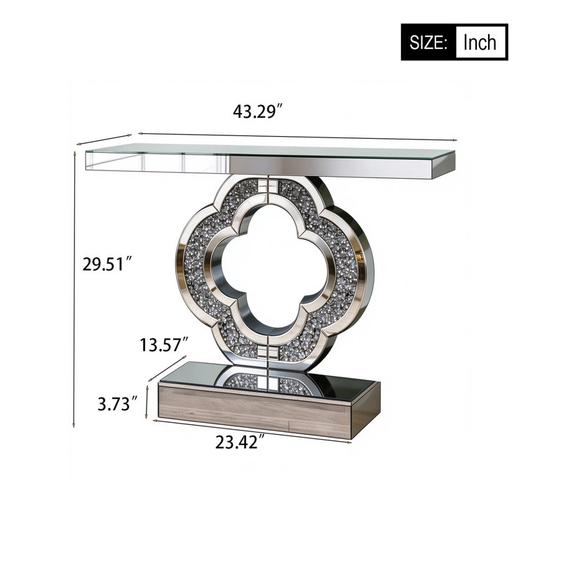 Console à miroir avec incrustation de cristal concassé en forme de trèfle, table d'entrée à miroir biseauté, canapé décoratif Glam pour vestibule de vestibule