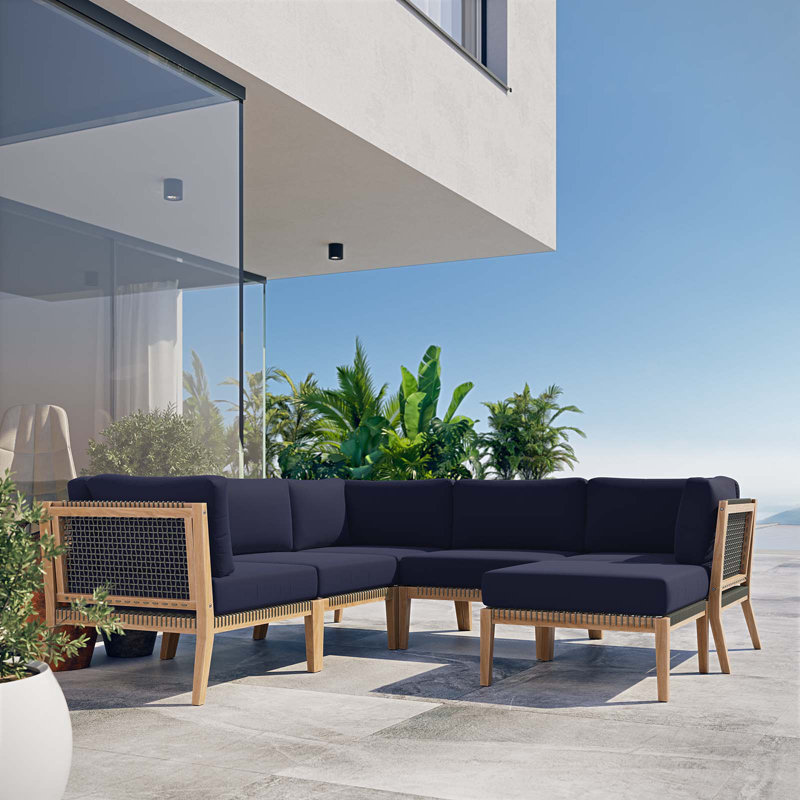 Modway Clearwater Outdoor Patio Teak Wood 6-Piece Sectional Sofa, Navy