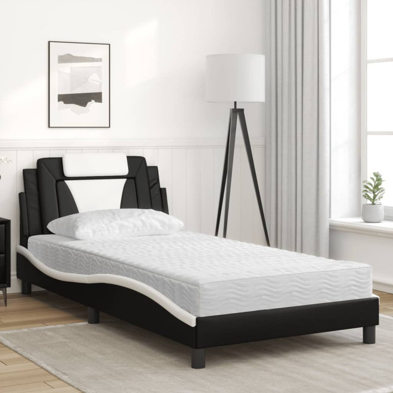 vidaXL Bed Viana with Mattress Black and White 100x200 cm Faux Leather, Twin, Black/White
