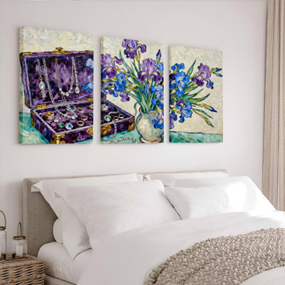 Iris Flowers and Jewelry Box Oil Painting Print Canvas Wrapped Wall Art Set of 3