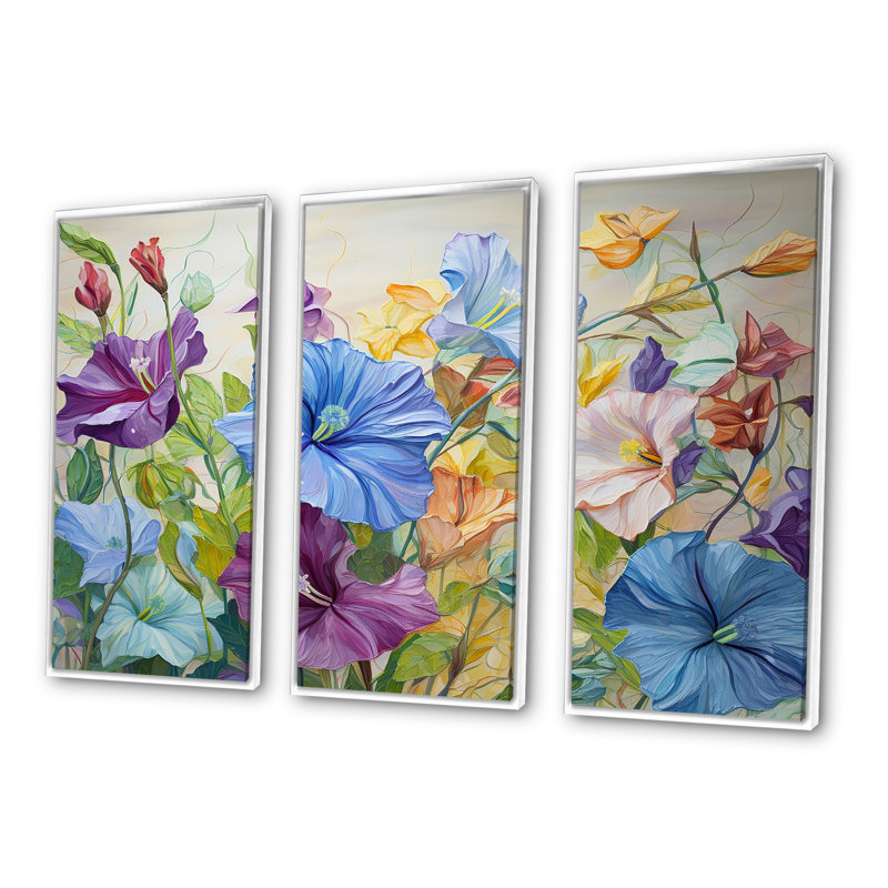 «Purple Morning Glory Flowers I» - ensemble de décoration murale fleurs, Cadre flottant blanc, H 32 po x l 48 po x P 1 po