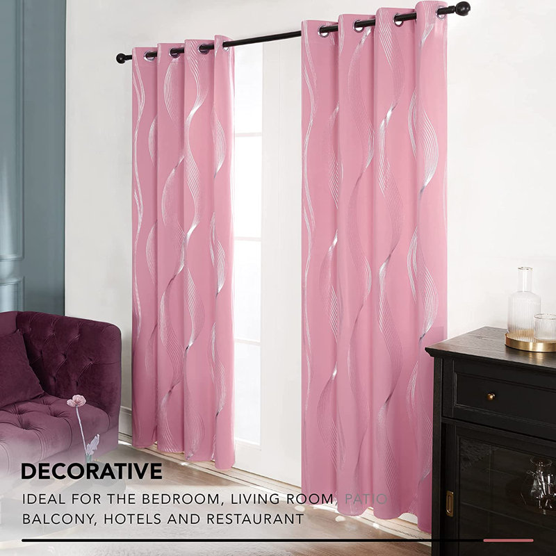 Spurgh Sliver Wave Foil Print Blackout Thermal Grommet Curtain Panels (Set of 2), Pink, 42" W x 63" L