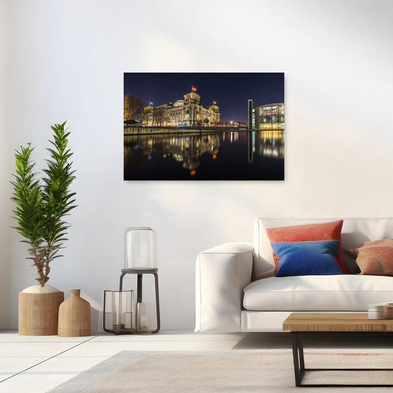 Reichstag Reflections At Night, Modern Abstract Architecture City, impression d'art mural, H 32 po x l 48 po