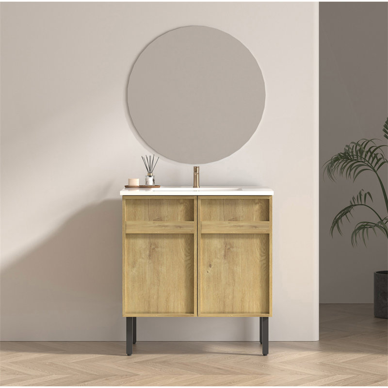 Meuble-lavabo sur pied de 30 po avec panneau rainuré 3D et lavabo en céramique intégré