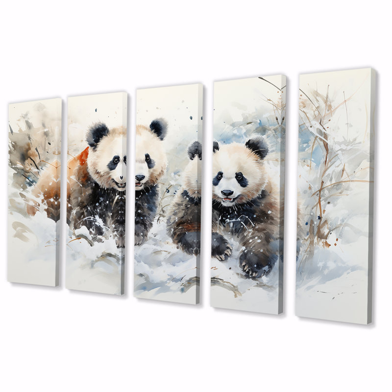 Panda jouant dans un paysage d'hiver - ours, art mural 5 pièces, H 28 po x l 60 po