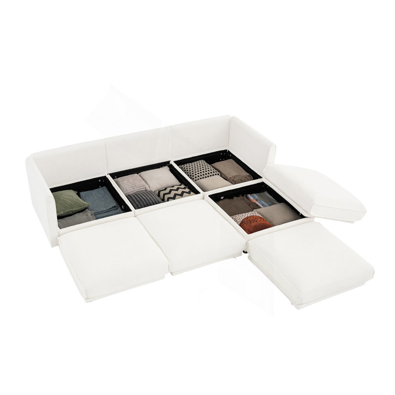 Élégant canapé en chenille blanche avec siège de rangement et repose-pieds